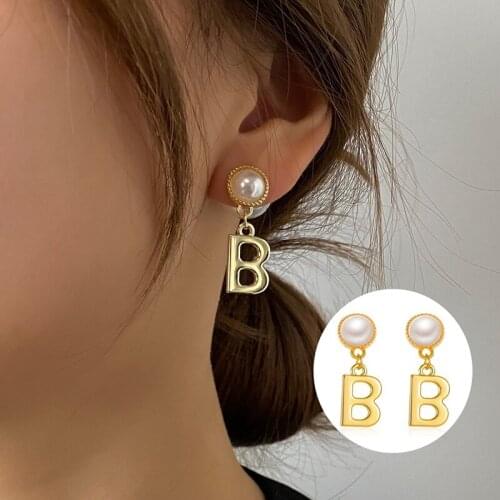 Simple Design Gold Silver Color Letter B with Pearls Pendant Earrings for Women Vintage Detachable Minimalist Jewelry New 2021