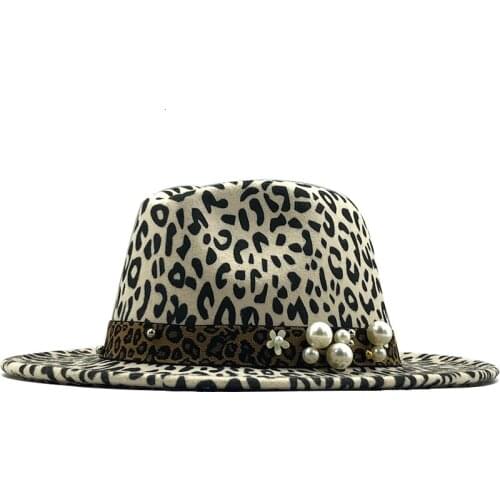 Winter Leopard Print Wool Felt Jazz Fedora Hats With Belt Buckle Men Women Wide Brim Trilby Panama Party Formal Top Hat