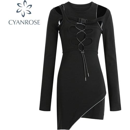 Streetwear Sexy Two-Piece Dress Sets For Women Black 2021 New Style Chic Slim-Waist Long Sleeve Club Party Dresses Female Suits