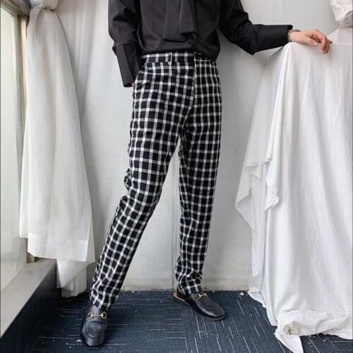 Spring Designer Plaid Style Slim Straight Casual Pants Tide Brand Mens Black And White Plaid Trousers Hair Stylist Personality