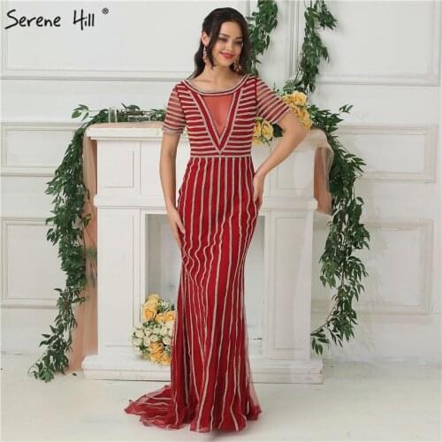 Wine Red Short Sleeves Tulle Evening Dresses 2020 Full Diamond CUT-OUT Sexy Evening Gowns Serene Hill LA6692