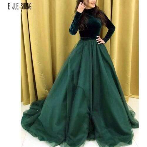 E JUE SHUNG Vintage Evening Dresses High Neck Long Sleeve Zipper Back Green Velvet Prom Gowns Formal Dresses vestidos de fiesta