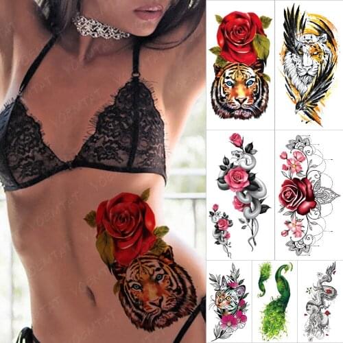 Waterproof Temporary Tattoo Sticker Peacock Snake Tatto Arm Tiger Rose Eagle Feather Body Art Arm Fake Sleeve Tatoo Women Men