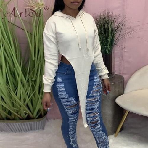 ArtSu Women Asymmetric Hooded Long Sleeve Casual Sweatshirts Streetwear Autumn Cropped Hoodies 2021 Fashion Loose Pullover