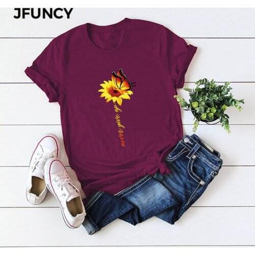 JFUNCY Sunflower Butterfly Print Women T Shirt Cotton Short Sleeve Summer Tops Woman Tee Shirts Female Plus Size Casual T-shirt