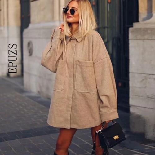 Woman Camel Loose Pocket Woolen Shirt 2021 Fashion Ladies Autumn Long Sleeve Thick Blouse Coat Female Long Outwear