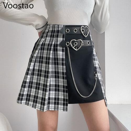 Summer Gothic Harajuku Plaid Jk Skirt Women Sexy High Waist Hip Hop Punk Skirt Female Chic Buckle Chain Streetwear A-Line Skirts