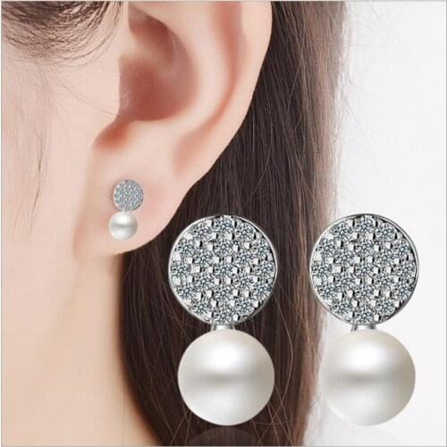 TJP Charm 925 Sterling Silver Earrings For Women Jewelry Top Quality Gold Clear Crystal Pearl Stud Earrings For Girl Lady Bijou