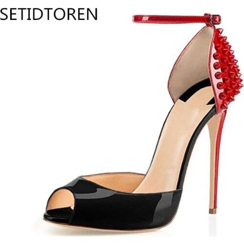 Zapatos Mujer Womens Fashion Ankle Strap Rivets Stiletto High Heel Super High Heel Sexy Peep Toe Pumps Party Wedding Shoes