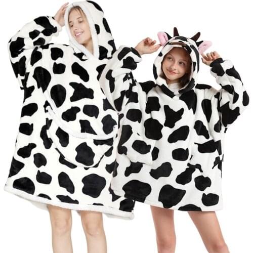 Winter Family Hoodie Sweatshirt Fleece Sherpa Blanket Mother Kids Unicorn Pajamas Robes Oversized Pullovers Animal Cow Sleepwear