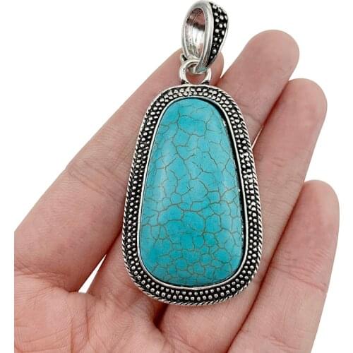 2 x Antique Silver Color Rectangle Shape Faux Turquoise Charms Pendants for Necklace Jewellery Making 69x30mm