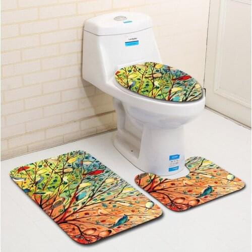 Bird Tree Prined 3pcs Toilet Rug Set Toilet Lid Cover Washable Bath Mats Anti-Slip Floor Mats Pads Bathroom Carpets Set