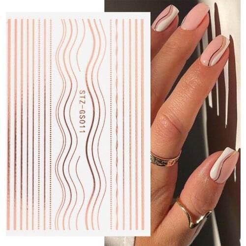 3D Rose Gold Nail Decals Metal Curve Stripe Lines Design DIY Letter Nail Sticker Adhesive Decoration Foil Accessory