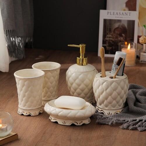 6 Pcs Creative Golden Stroke Bathroom Accessories Set Ceramic European Modern Toiletries Organizer Household Restroom Supplies
