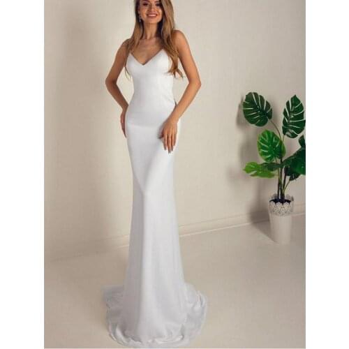 White Satin Chiffon Spaghetti Straps V-Neck Floor-Length Sheath Wedding Dresses Chapel Train Custom Made
