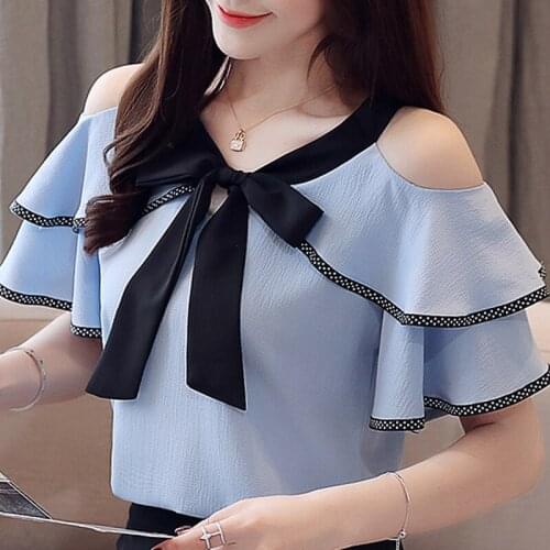Blouses Tops Women Short Sleeve Blouse Women Blusas Mujer De Moda 2021 Verano V-Neck Off Shoulder Top Chiffon Blouse Shirt E762