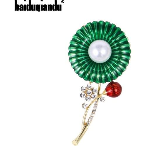 Baiduqiandu Pearl Flower Green Enamel Brooches For Women and Men Party Weddings Banquet Fashion Brooch Pins Gifts Jewelry