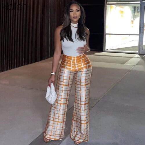 KLALIEN Fashion Casual Stretch Straight Wide Leg Pants For Women Autumn New Print Plaid Streetwear Basic Y2K Trousers Female