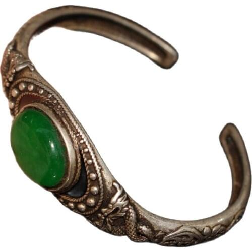 China Old Tibetan Silver Emerald Inlaid Double Dragon Bracelet