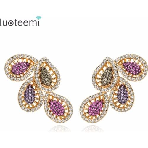 LUOTEEMI Fashion Popular Simple Four Water Drop Multicolor Wing Shape Glod Stone AAA Stud Earrings CZ For Girl Women Party