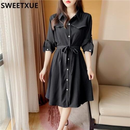 SWEETXUE 2021 Autumn New Shirt Long Temperament OL Suture Dress Women Vestidos