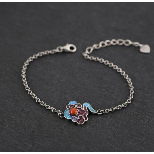 Original designer craftsmanship ethnic style natural red tourmaline bracelet Chinese retro charm womens silver jewelry