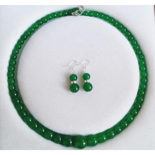 6-14mm Natural Green Jade Round Beads Necklace Earrings Jewelry Set 18" AAA