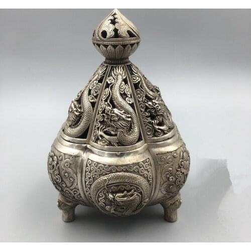 Chinas rare miao silver Kowloon incense burner statue family living room home decoration metal crafts