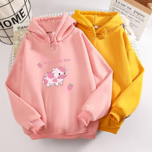 Cow Print Kawaii Hoodie Strawberry Casual Pullover Oversized Sweatshirt Aesthetic Clothes for Women Funny Hoodies Sudadera Mujer