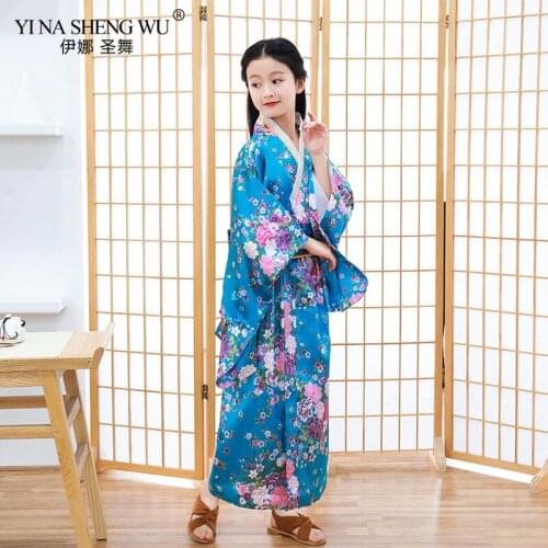 Japan Traditional Child Robe Satin Girls Yukata Kimono Bow Yukata Childrens Sakura Print Dress Bridesmaid Costume Silk Kimono