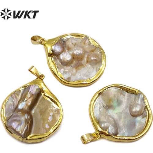 WT-JP143 WKT Mother Of Pearl Women Bohemian Style Gold Bezel Pendant Fashion Necklace Pendant Jewelry