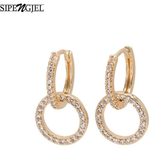 Trendy Cubic Zirconia Geometric Circle Round Gold Hoop Earrings High Quality Crystal Drop Earrings For Women Korean Jewelry