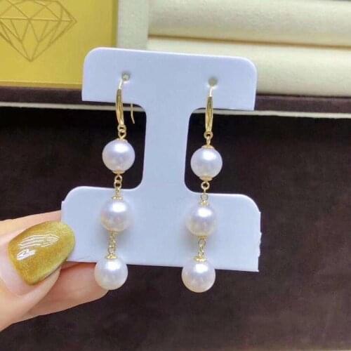 D527 Pearl Earrings Fine Jewelry 925 Sterling Silver Round 8-9mm Nature Fresh Water White Pearls Drop Dangle Earrings for Women