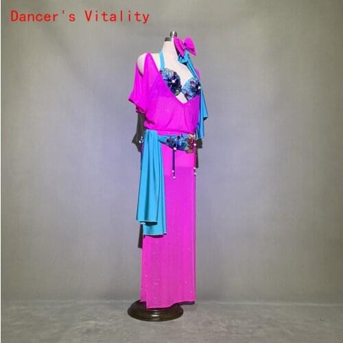 Customized Belly Dance Diamond Robe Bra Applique Belt Set Women Oriental Indian Drum Dance Group Competition Costume Stage Wear