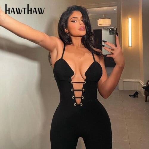 Hawthaw Women Summer Hollow Out V Neck Bodycon Sleeveless Soild Color Black Jumpsuit Overall 2021 Female Clothing Streetwear