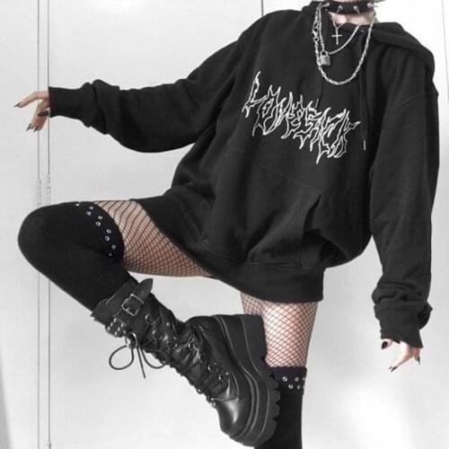 Punk Goth Letter Print Hip-Hop Hooded Sweatshirt Vintage Kpop Loose Casual Women Moletom Harajuku Streetwear Pullover Sweatshirt