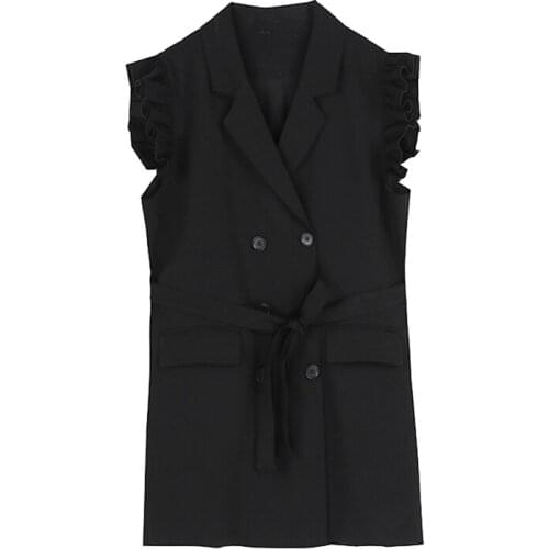 VSUE Women Notch Collar Sleeveless Double-breasted Black White Solid Ruffle Sash Mini Dress Summer Pocket D1972