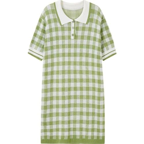 PERHAPS U Green Yellow Violet Plaid Turn Down Collar Short Sleeve Knitting Button Mini Dress Women Female Summer Polo D1138