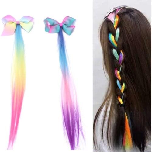 1pc Girls Hair Accessories Colorful Bowtie Hair Clips Rainbow Bows Princess Kids Long Wig Hairpins Hairband