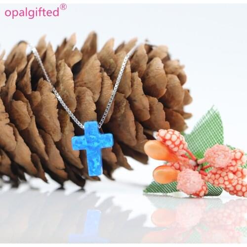 1pc/lot)Aliexpree Top selling OP05 Blue 9*12mm Synthetic Opal cross pendant with 925 sterling Silver Necklace Jewelry For Gift