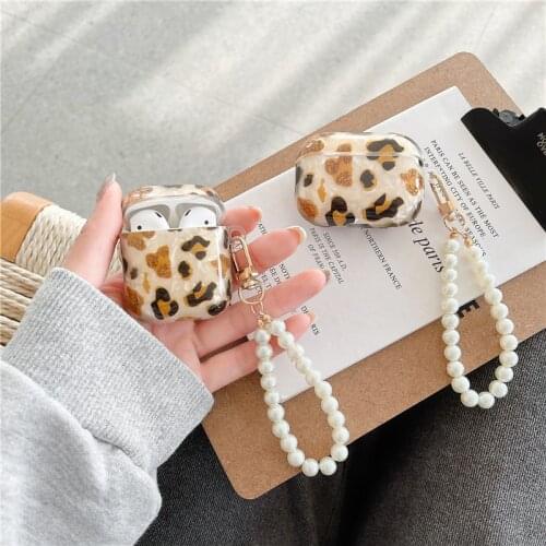 3D Glossy Leopard shell pearl bracelet Keyring Headphone Earphone TPU case for Apple airpods 1 2 Pro Wireless Headset cover gift