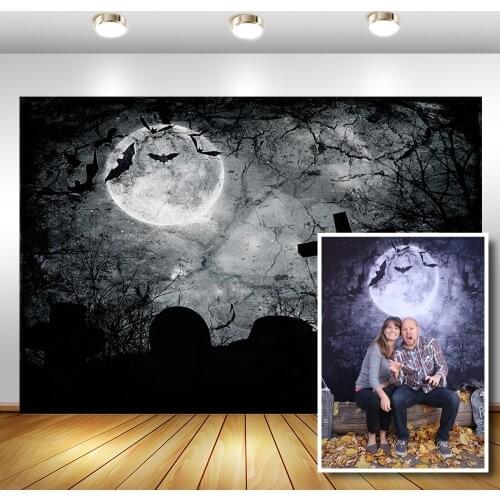Halloween Party Photography Background for Black Forest Moon Photo Props Studio Booth Background Bat Cross Background