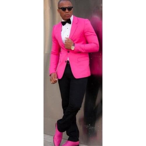 Custom Made Mens Tuxedos Grooms Men Suits Hot Pink Slim Fit Bridegroom Wedding Suits Black Pants Formal 2 Piece ( jacket+Pants)