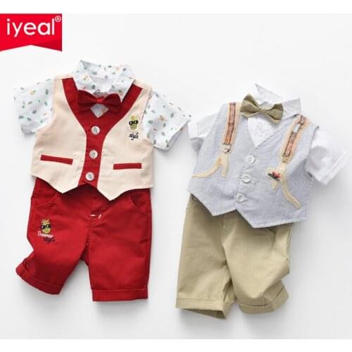 IYEAL Newborn Baby Boys Gentleman Outfits Suits, Infant Short Sleeve Bow Tie Shirt+Pant+ Vest for Toddler Clothes Set