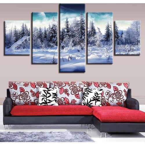 Canvas Pictures Living Room Decor 5 Pieces Winter Snow Forest Trees Painting HD Prints Natural Poster Modular Wall Art Framework