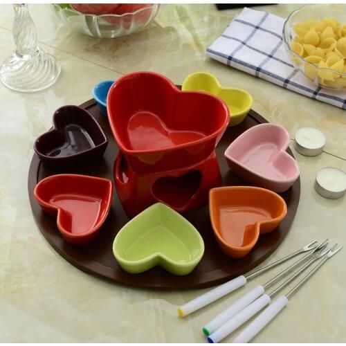 Ceramic Dessert fondue pots set colorful Heart Fruit Plate Chocolate Fondue set Cheese Hot pot Ice Cream