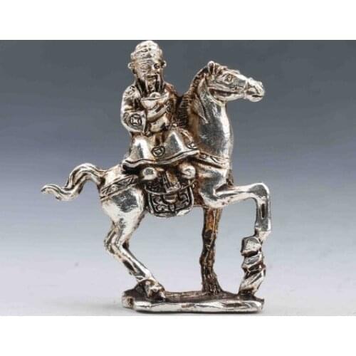 Chinese Tibet Silver Handwork Carved God Of Wealth Horse Statue