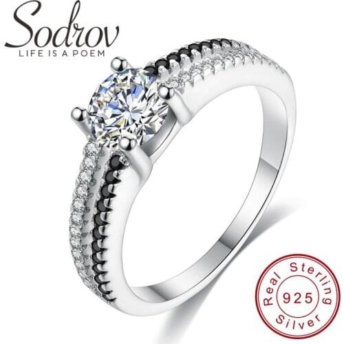 Fashion Genuine 925 Sterling Silver Jewelry Round Engagement Rings for Women Black&White Stone Femme Ring Bijoux Bague C223