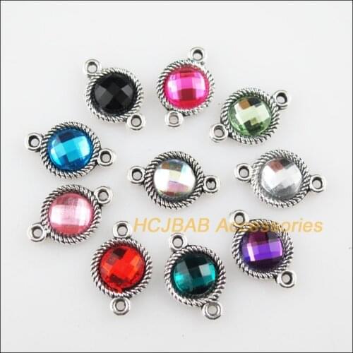 Fashion 30Pcs Tibetan Silver Color Acrylic Mixed Round Charms Connectors 8.5x13mm