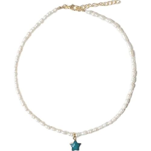 Trendy Simple Natural Pearl Necklace Charm Blue Star Pendant Choker Gift Jewelry for Friends цепочка на шею Minimalism 2021